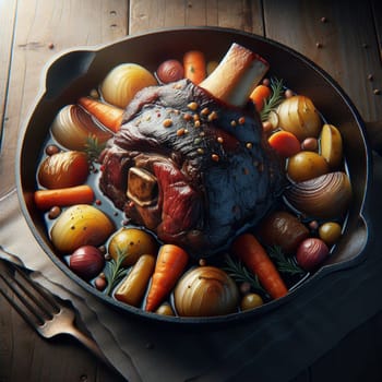 A close-up shot of a roasted leg of lamb in a cast iron skillet, surrounded by carrots, onions, and herbs. A high-quality photo.