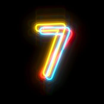 Three colors neon font Number 7 SEVEN 3D rendering illustration isolated on black background