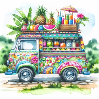 A colorful, patterned van with fruit and smoothies on top, driving down a road. A high-quality photo.