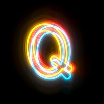 Three colors neon font Letter Q 3D rendering illustration isolated on black background