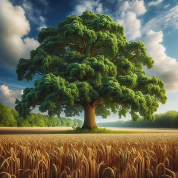 A large oak tree standing in a field of wheat, with a blue sky and clouds in the background. A high-quality photo.