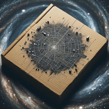 A cardboard cityscape with a spiral galaxy in the background. A high-quality photo.
