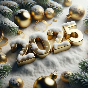 Golden 2025 numbers covered in snow, surrounded by golden ornaments, pine branches, and ribbons. A high-quality photo.