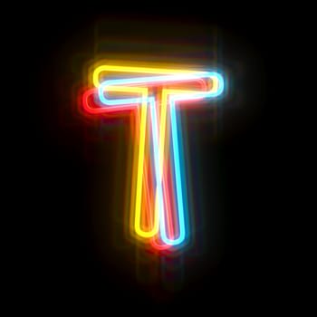 Three colors neon font Letter T 3D rendering illustration isolated on black background