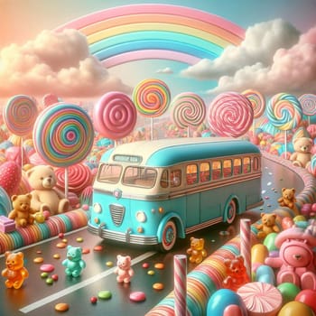 A vintage blue bus driving down a road lined with candy canes, lollipops, and teddy bears. The scene is bright and colorful, with a rainbow in the background. A high-quality photo.