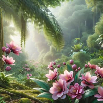 A scene of a lush, tropical rainforest. The image shows a path through the rainforest, with large pink flowers blooming on the side of the path. A high-quality photo.