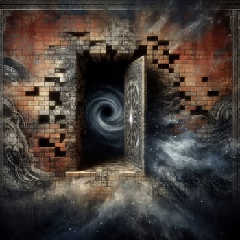 A brick wall with a doorway that leads to a swirling black hole and a starry sky. A high-quality photo.