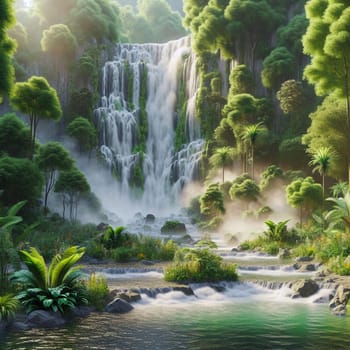 A lush, green waterfall cascades down a rocky cliff face, surrounded by tropical vegetation. The water is clear and refreshing, and the sun is shining through the leaves. A high-quality photo.