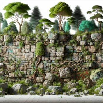 A wall with a lush forest scene growing on it, with trees, vines, and rocks. A high-quality photo.