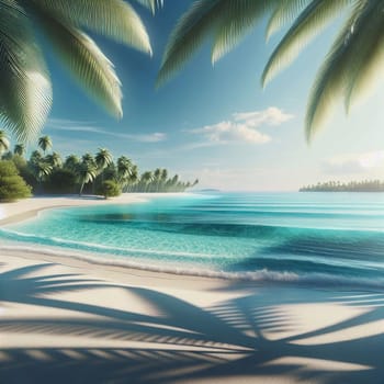A tropical beach with palm trees, white sand, and turquoise water, creating a serene and idyllic scene. A high-quality photo.