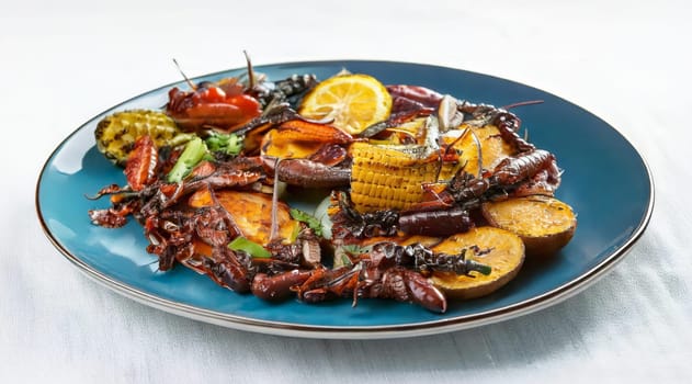 Edible insects such as worms, grasshoppers or beetle larvae as an alternative diet.