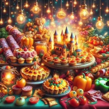 A magical scene of a castle made of food. The castle is surrounded by a variety of delicious foods, such as pastries, fruits, and vegetables. A high-quality photo.