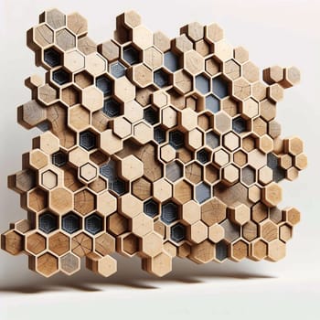 A honeycomb pattern made of wooden hexagons, with some of the hexagons open to reveal a wireframe design. The background is a soft white. A high-quality photo.