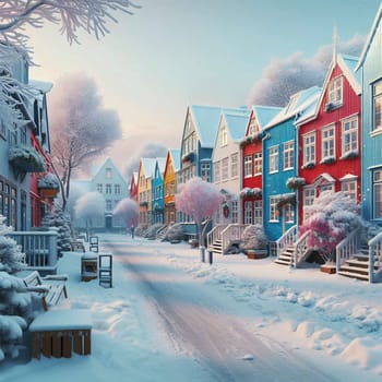 A row of colorful houses in a snowy town. The houses are covered in snow, and the street is also covered in snow. The sky is a light blue, and the sun is shining. A high-quality photo.