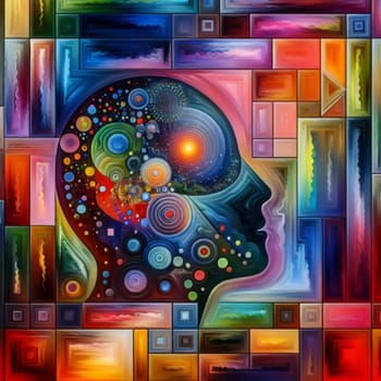 An abstract, colorful artwork depicting a human head in profile, with the interior of the head filled with swirling colors, circles, and stars. A high-quality photo.