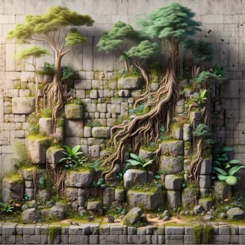 A stone wall covered in vines, trees, and other plants. The scene is lush and overgrown, with a sense of mystery and wonder. A high-quality photo.