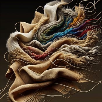 A 3D abstract sculpture of woven cloth with an intricate, multi-colored design. The cloth is draped and twisted, creating a dynamic and flowing form. A high-quality photo.