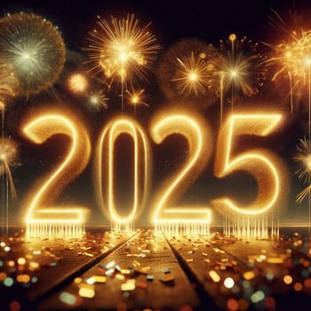 Golden 2025 numbers with a sparkling effect, surrounded by fireworks. A high-quality photo.