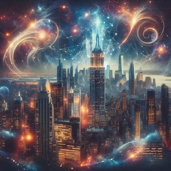 A futuristic cityscape lit by glowing lights, with swirling energy and stars around it. The scene is ethereal and mysterious, with a sense of wonder and possibility. A high-quality photo.