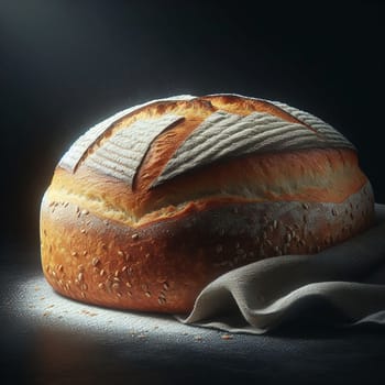 A loaf of sourdough bread with a crispy crust and a golden brown color. The bread is illuminated by a spotlight, creating a dramatic and inviting scene. A high-quality photo.