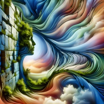 An abstract portrait of a woman with swirling colors and textures, surrounded by a landscape of stone and clouds. A high-quality photo.