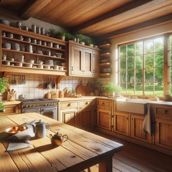 A rustic kitchen with wooden cabinets, a large window overlooking a green garden, and a farmhouse table with a teapot and oranges. A high-quality photo.