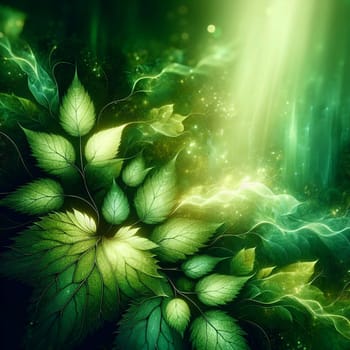 Abstract image of green leaves with a glowing light in the background, creating a sense of magic and wonder. The image is designed to resemble a magical forest scene. A high-quality photo.
