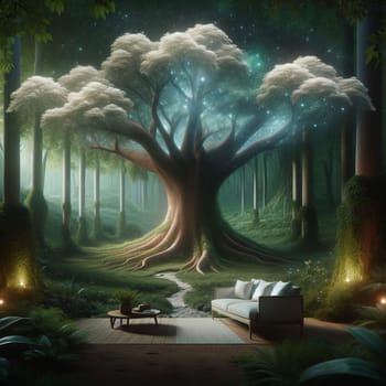A large, glowing tree in a magical forest. The tree is covered in lights and has a sense of wonder and mystery. A couch and coffee table are placed beneath the tree. A high-quality photo.