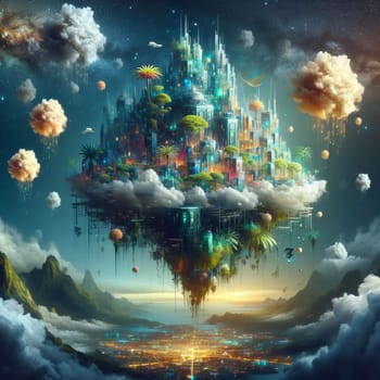 A fantastical cityscape floating in the clouds. The city is filled with trees, buildings, and flying vehicles, with fluffy clouds surrounding it. A high-quality photo.
