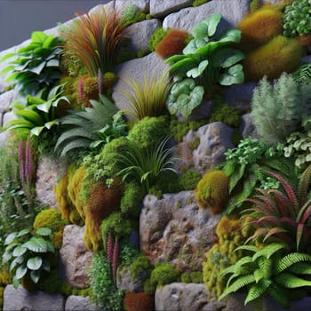 A stone wall covered in a variety of green plants, moss, and ferns. The scene creates a lush, verdant, and natural texture. A high-quality photo.