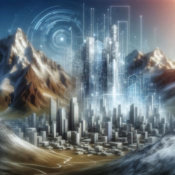 A futuristic cityscape with a holographic projection of a city in the sky, surrounded by mountains. The scene is illuminated by a bright light and has a sense of possibility. A high-quality photo.