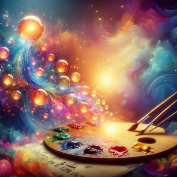 A paint palette with colorful paints, paintbrushes, and a stream of glowing orbs rising from it. The scene is surrounded by a colorful, abstract background. A high-quality photo.