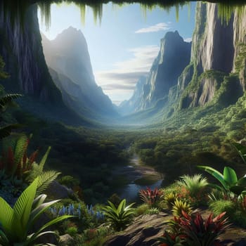 A view from a clifftop looking down into a lush valley. The valley is filled with green trees and a river running through it. The mountains in the background are majestic. A high-quality photo.
