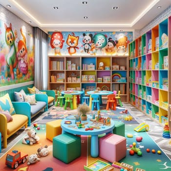 A colorful and playful children's playroom with colorful furniture, toys, and shelves filled with books. A high-quality photo.