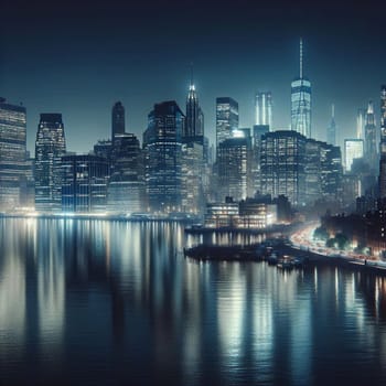 A night view of a cityscape with a reflecting water in the foreground. The buildings are lit up, and the city is bustling with life. A high-quality photo.