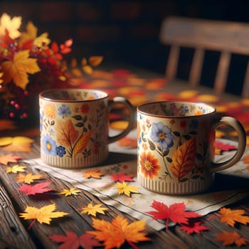 Two mugs with floral patterns, sitting on a wooden table, surrounded by colorful autumn leaves. The scene is cozy and inviting, with a sense of warmth and comfort. A high-quality photo.
