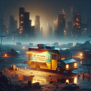 A food truck parked in a desolate, post-apocalyptic cityscape, with glowing lights and abandoned cars scattered around. The scene is a blend of hope and despair. A high-quality photo.