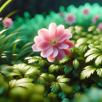 A single pink flower with a delicate, layered texture, surrounded by green leaves. The scene is soft and ethereal, with a sense of peace and beauty. A high-quality photo.