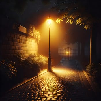 A street lamp illuminates a cobblestone street and a gate in the fog at night. The scene is atmospheric and mysterious, with a sense of solitude and intrigue. A high-quality photo.