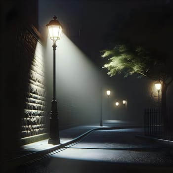 A street lamp illuminates a cobblestone street and a tree in the fog at night. The scene is atmospheric and mysterious, with a sense of solitude and intrigue. A high-quality photo.