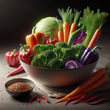 A bowl filled with colorful vegetables, including broccoli, carrots, peppers, cabbage, and chili peppers, with a small bowl of spices. The scene is healthy and vibrant. A high-quality photo.