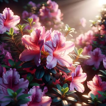A close-up of pink azalea flowers with a soft, golden light shining on them. The scene is romantic and ethereal, with a sense of beauty and delicacy. A high-quality photo.