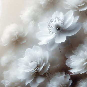A close-up of delicate white flowers with a soft, dreamy, and ethereal quality. The flowers are blurred and layered, creating a sense of depth and beauty. A high-quality photo.
