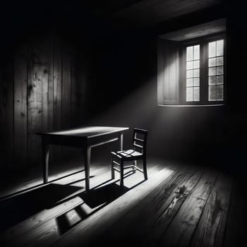 A black and white image of a table and chair in a dark room, illuminated by a ray of sunlight coming through a window. The scene is atmospheric and moody. A high-quality photo.