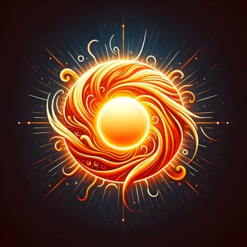 An abstract design of a glowing orange orb surrounded by swirling, golden lines, creating a sense of energy and movement. A high-quality photo.