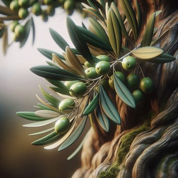 A close-up of a branch of an olive tree, with green olives and leaves, representing the beauty and bounty of nature. A high-quality photo.