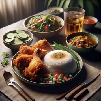 A table setting with a plate of fried chicken, rice, vegetables, and a glass of iced tea, representing a delicious and satisfying meal. A high-quality photo.