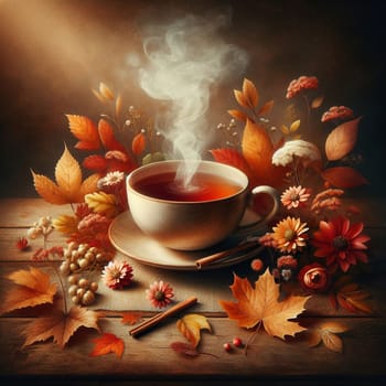 A cup of steaming tea surrounded by autumn leaves, flowers, and cinnamon sticks, representing a cozy and comforting autumn scene. A high-quality photo.