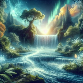 A magical forest scene with a waterfall, a tree, and a magical aurora borealis, representing a whimsical and ethereal landscape. A high-quality photo.