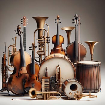 Collection of various musical instruments arranged in a group on a neutral background, including violins, trumpets, drums, and a keyboard. A high-quality photo.